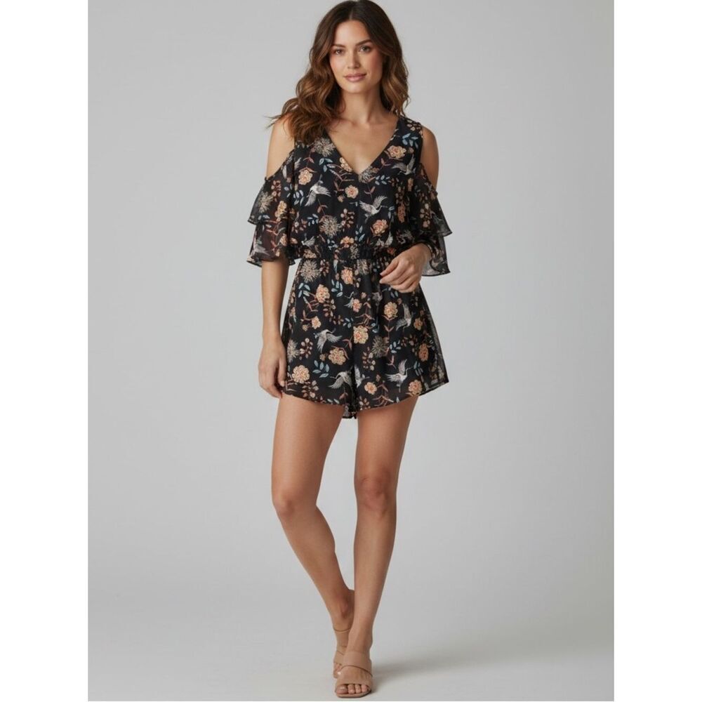 Bailey Blue Floral and Crane Print Cold Shoulder Belted Romper